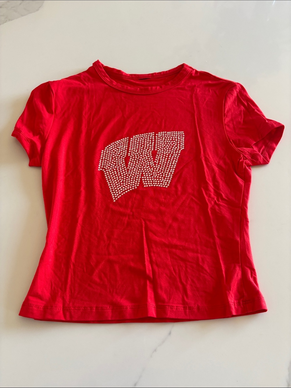 Red Kids' Short Sleeve Tee with Rhinestone 'W'